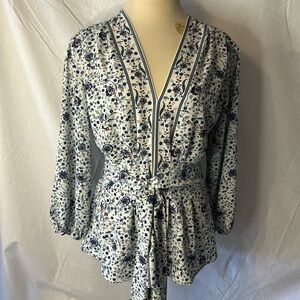 Max Studio Boho Floral Blue and Cream Blouse